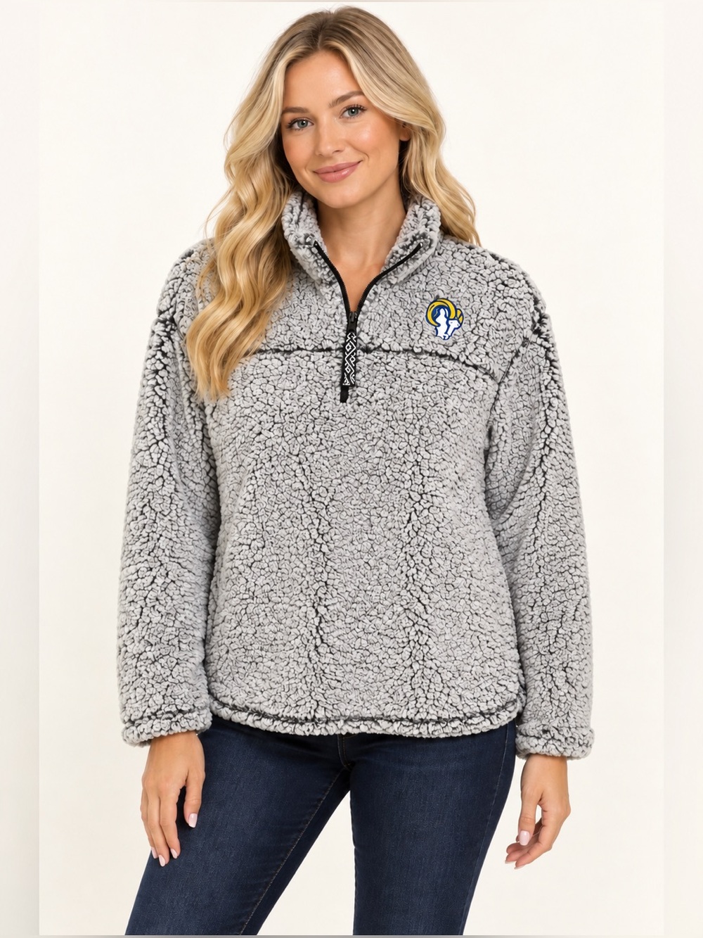 LA Rams NFL Women’s Gray Sherpa Quarter-Zip Hoodie Size M